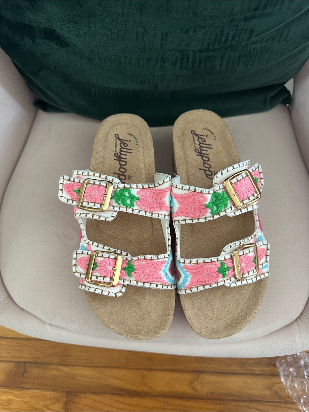 Jellypop Pink Floral Double-Buckle Slide Sandals with Green Accents